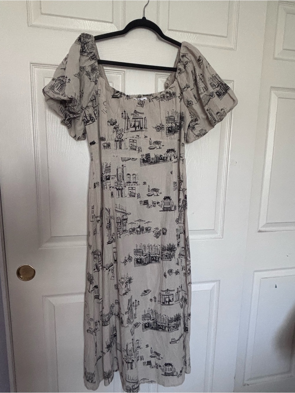 Beige Scenic-Print Puff Sleeve Maxi Dress